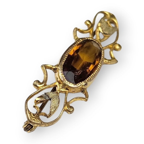 Antique Art Nouveau Bar Brooch Topaz Glass Gem Floral Gold Plated 1910s Vtg FLAW - Picture 3 of 8
